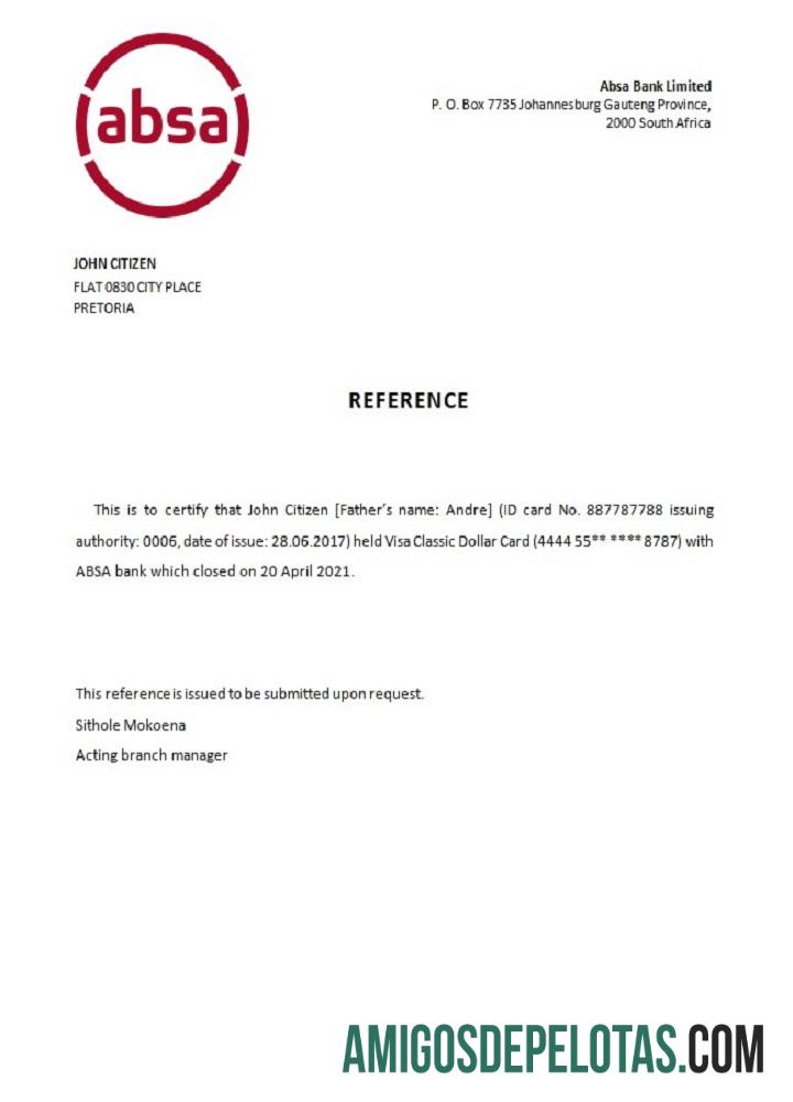 Referência de encerramento do banco ABSA da África do Sul exemplo